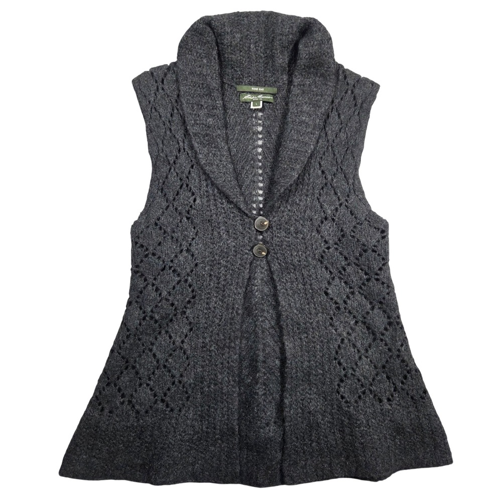 Eddie Bauer Mohair Hand Knit Dark Gray Shawl Collar Sweater Vest Women L Peasant